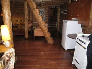 Log ladder leading from cabin to loft